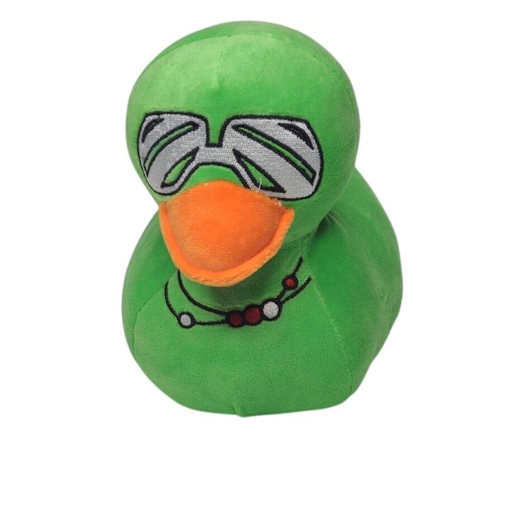 Green Plush Duck Embroidered Silver Sunglasses and Beaded Red White Necklace 8"